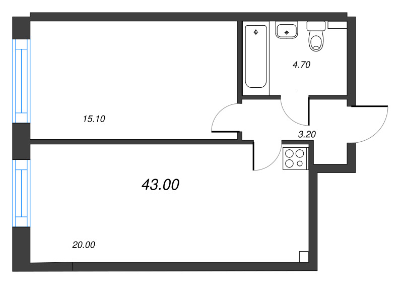 2 ккв (Евро) 43 м²