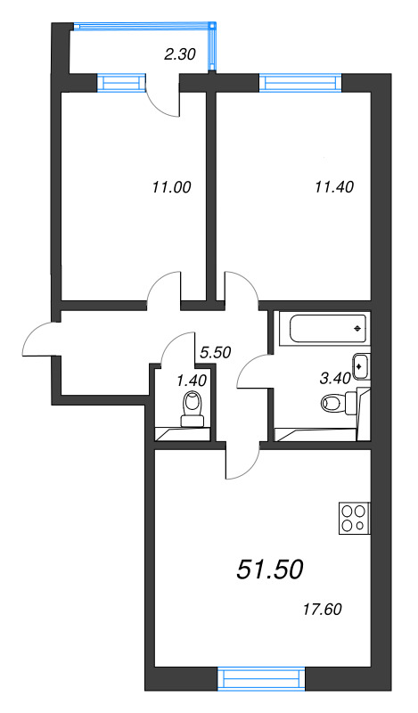 3 ккв (Евро) 51,5 м²