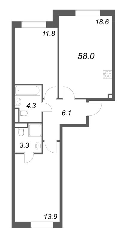 3 ккв (Евро) 58 м²