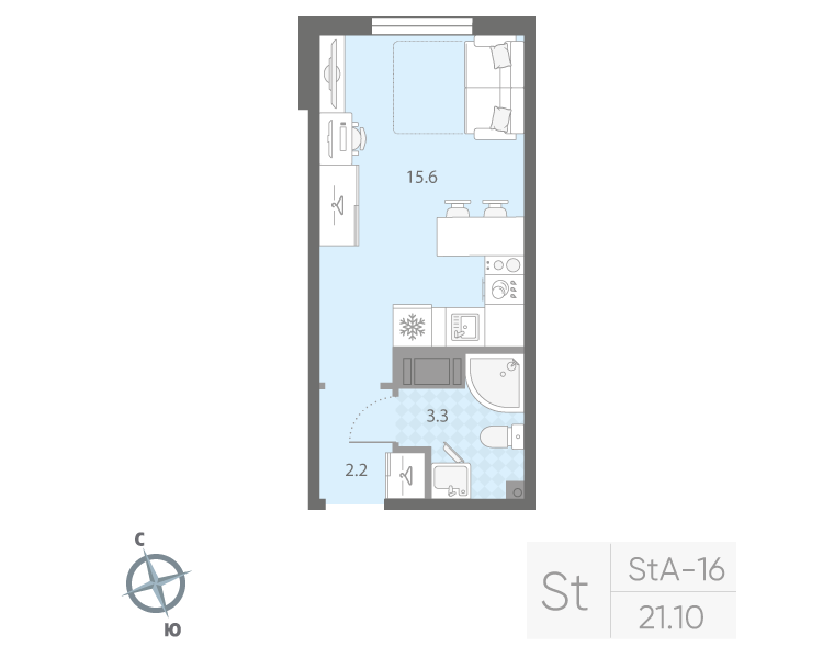 Студия 21,1 м²