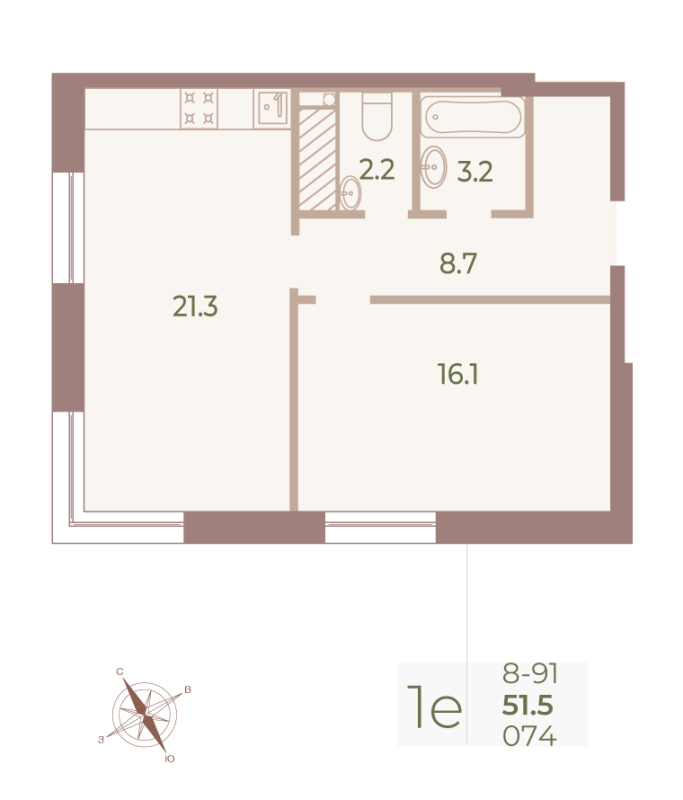 2 ккв (Евро) 51,6 м²