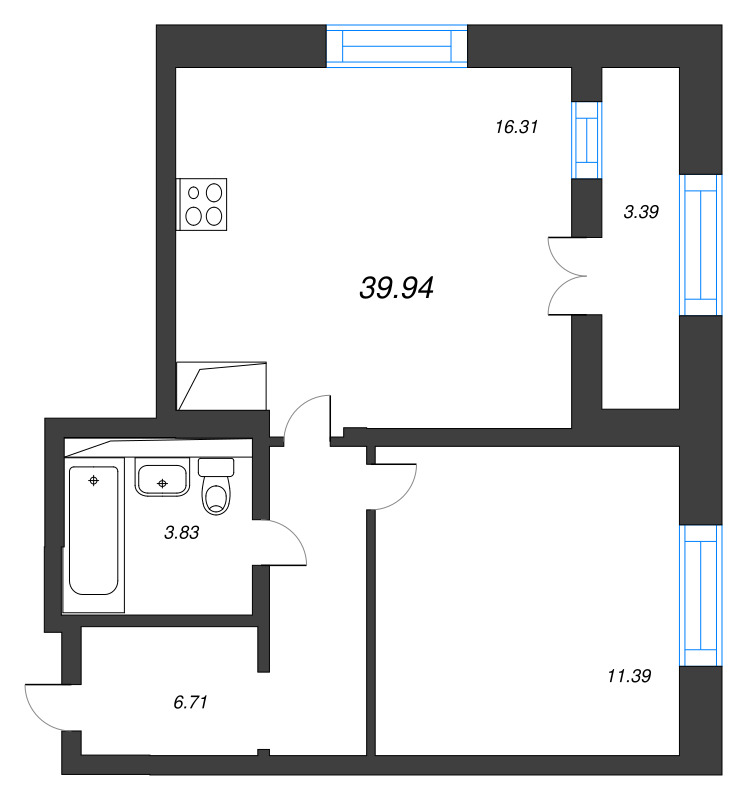 2 ккв (Евро) 39,9 м²