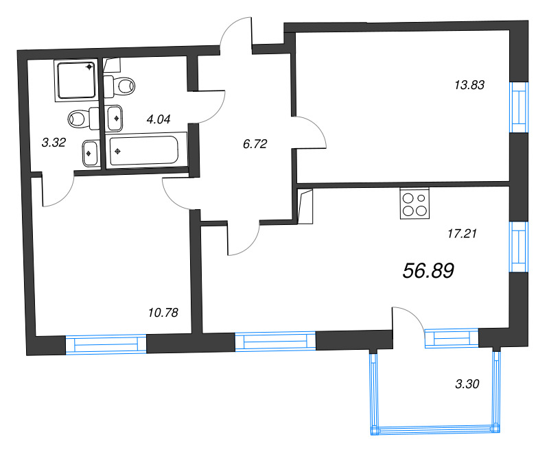3 ккв (Евро) 56,9 м²