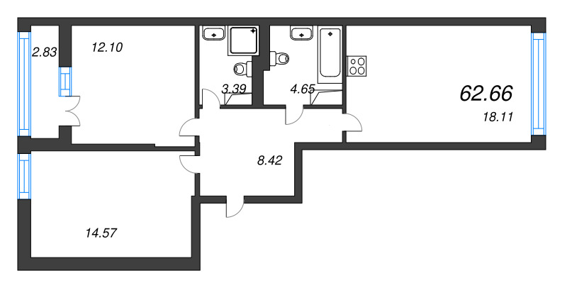 3 ккв (Евро) 62,7 м²