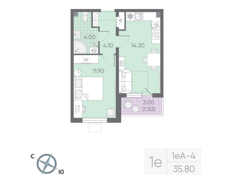 1 ккв 35,8 м²