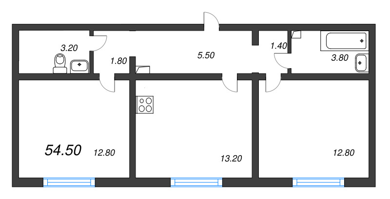 2 ккв 54,5 м²