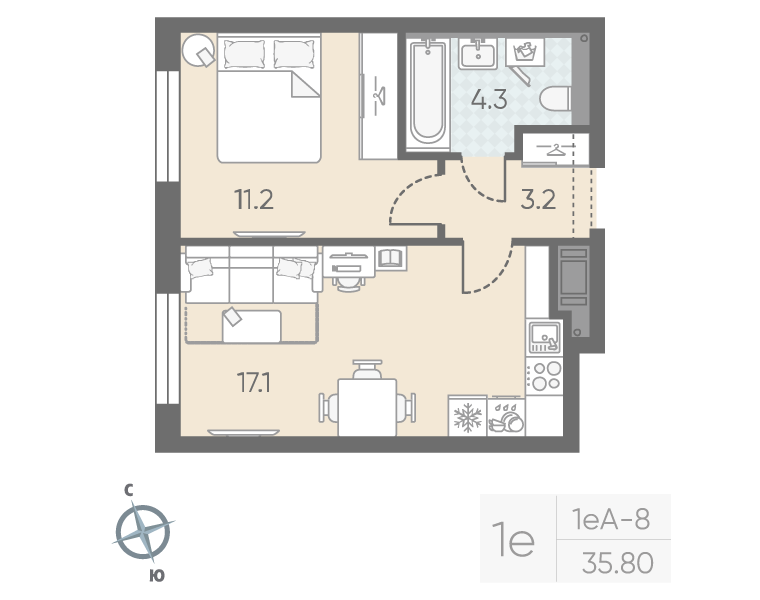 2 ккв (Евро) 35,8 м²