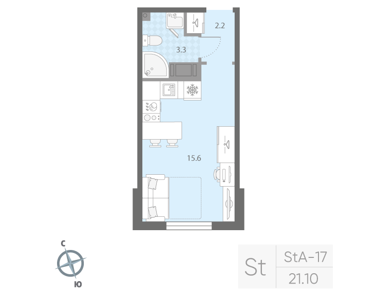 Студия 21,1 м²