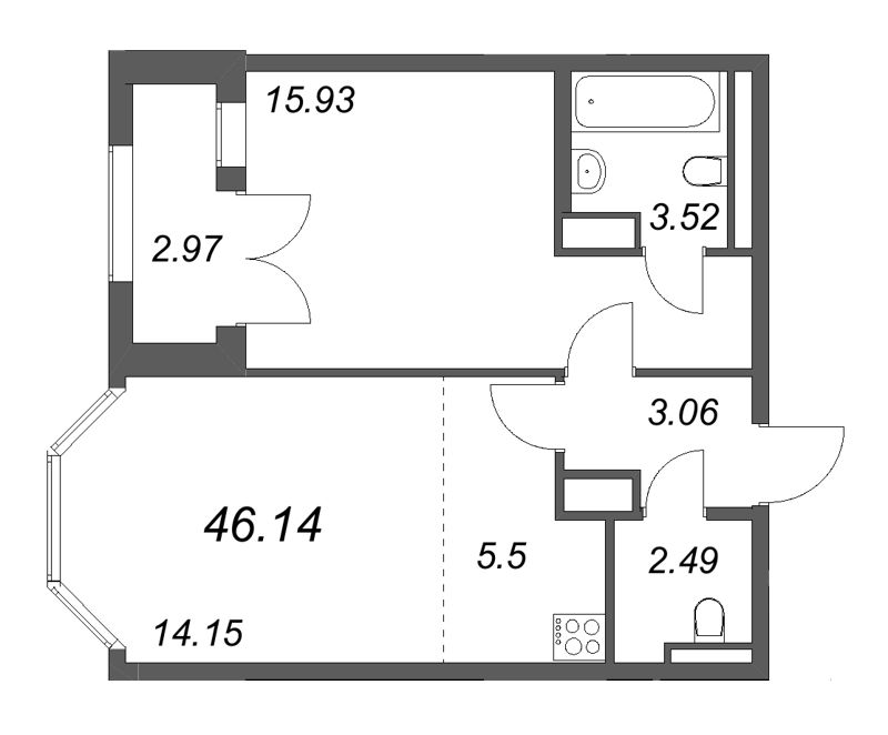 2 ккв (Евро) 46,1 м²