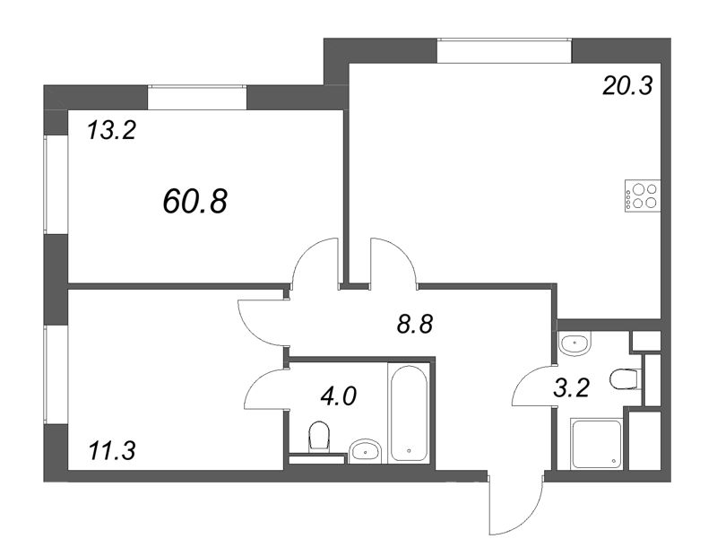 3 ккв (Евро) 60,8 м²