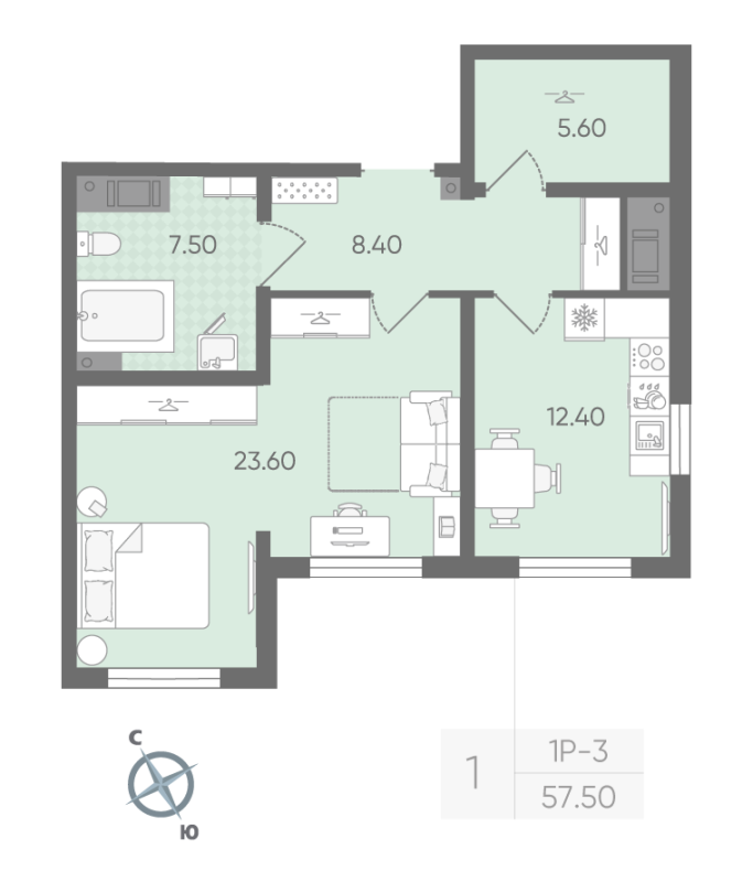 1 ккв 56,5 м²