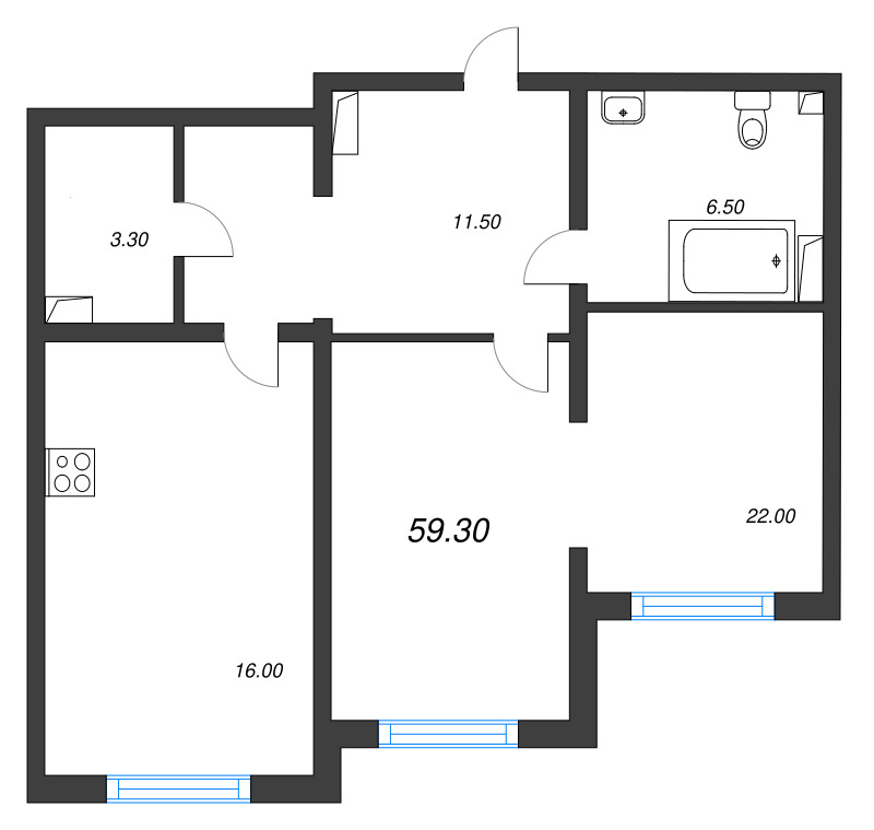 2 ккв (Евро) 58,7 м²