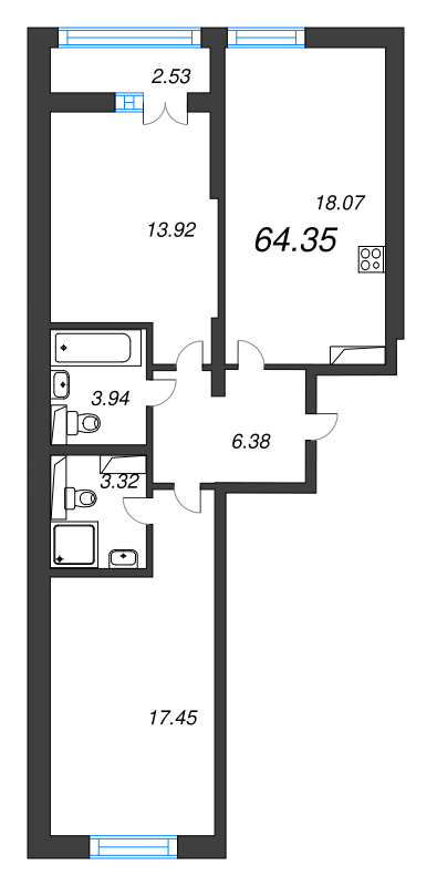 3 ккв (Евро) 64,4 м²
