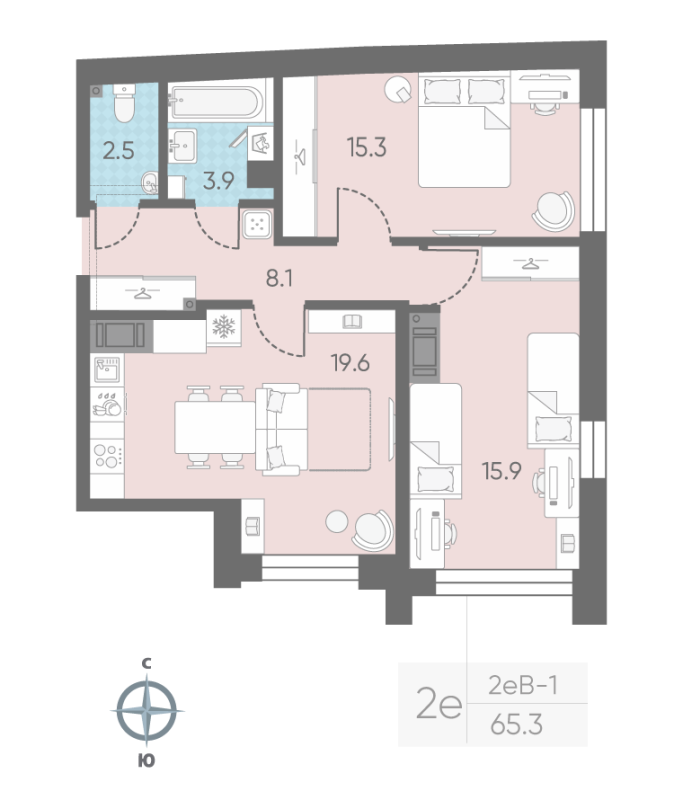 2 ккв (Евро) 65,3 м²