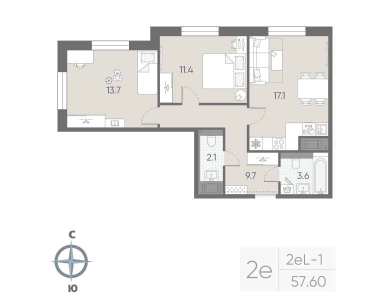3 ккв (Евро) 57,6 м²