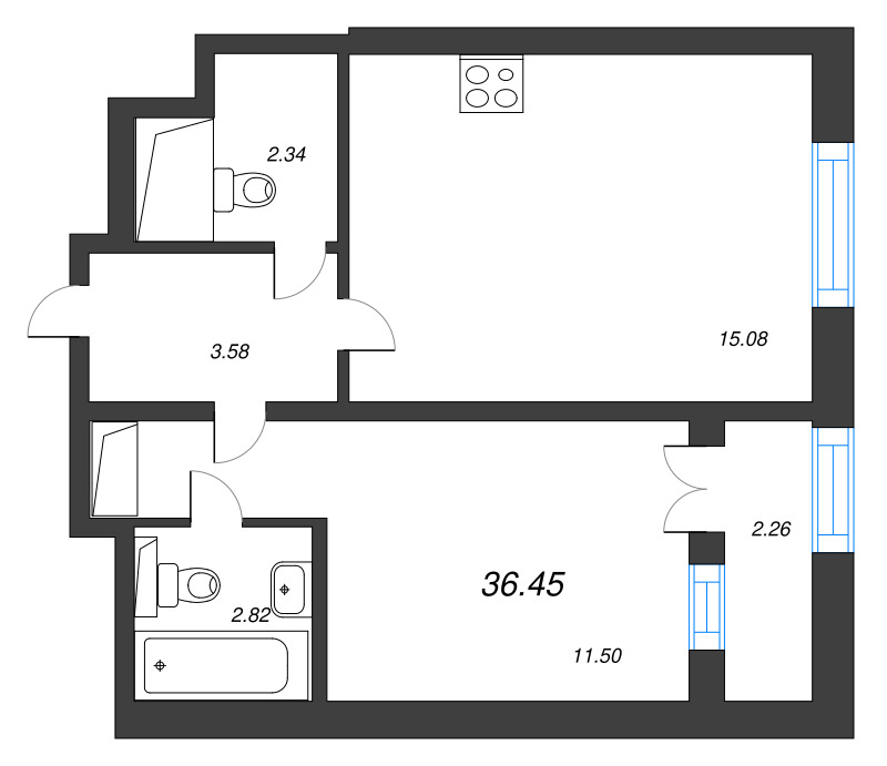 2 ккв (Евро) 36,5 м²