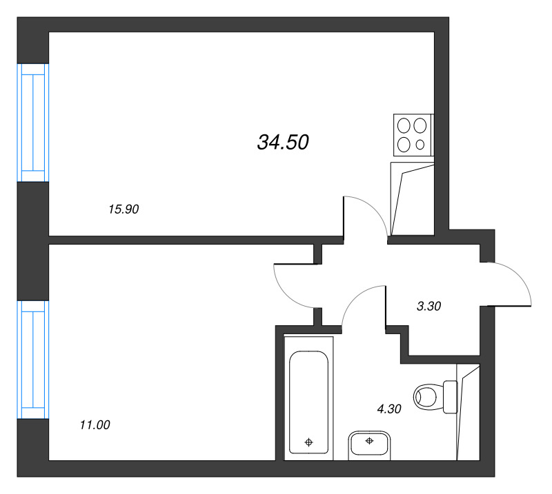 2 ккв (Евро) 34,5 м²