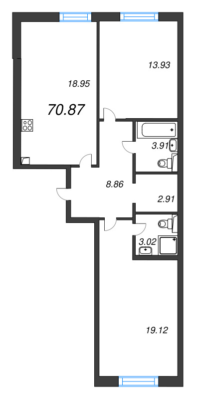 3 ккв (Евро) 70,7 м²