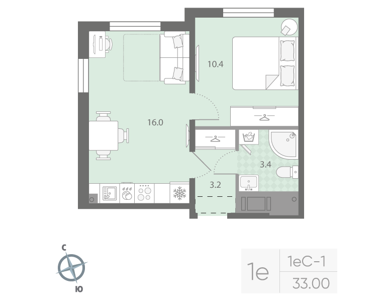 2 ккв (Евро) 33 м²