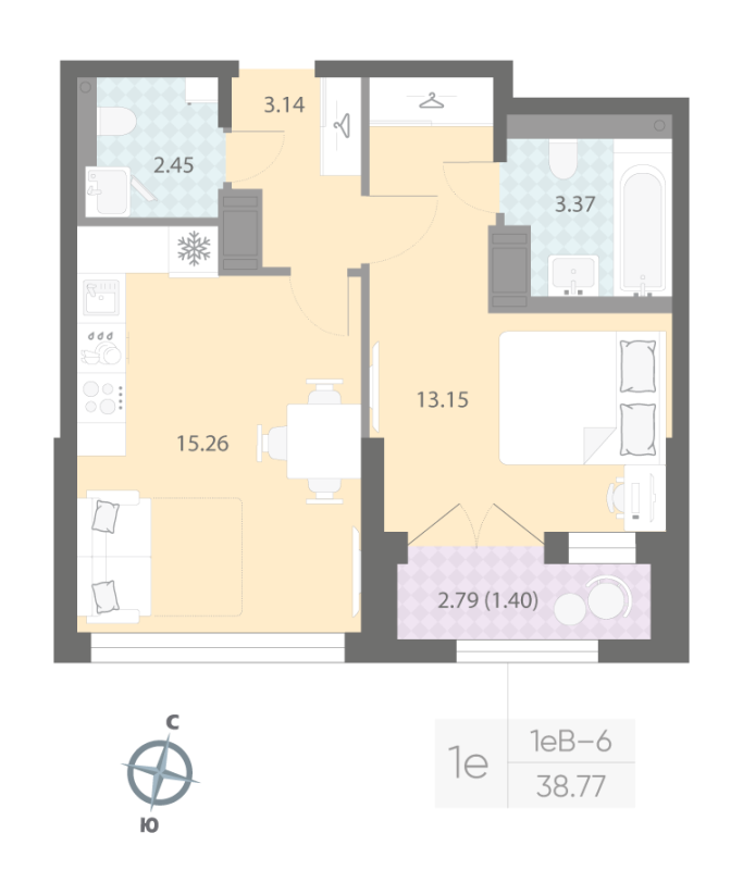 2 ккв (Евро) 38,8 м²