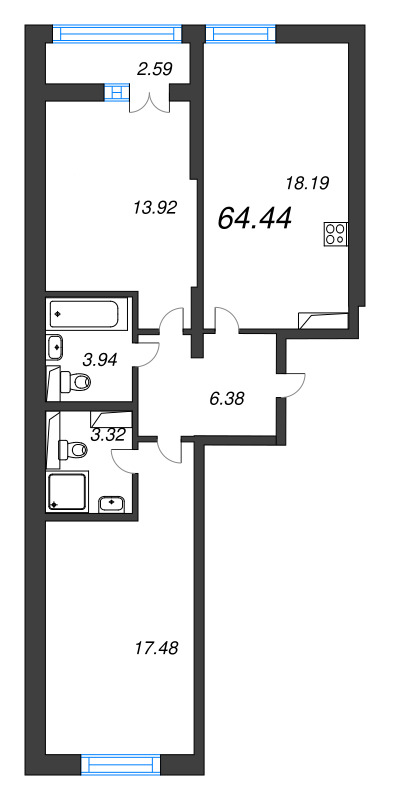 3 ккв (Евро) 64,4 м²