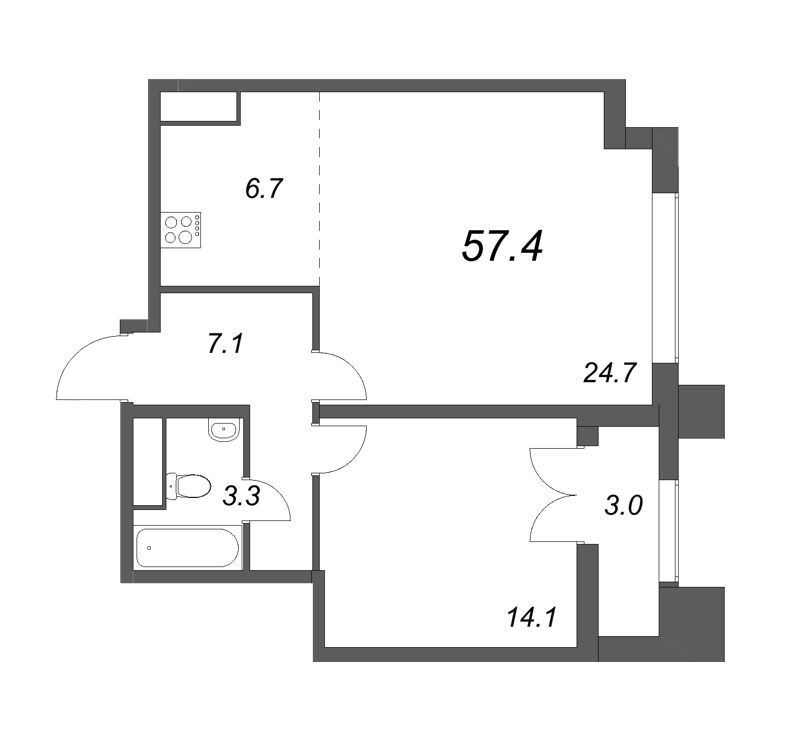 2 ккв (Евро) 56,8 м²