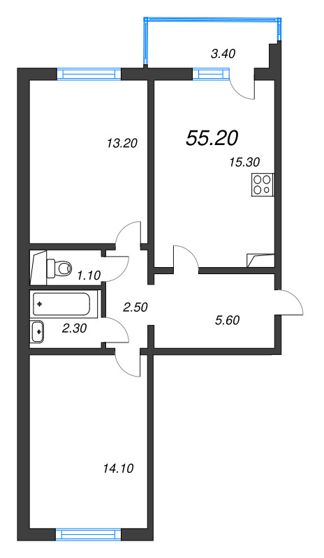 3 ккв (Евро) 55,2 м²