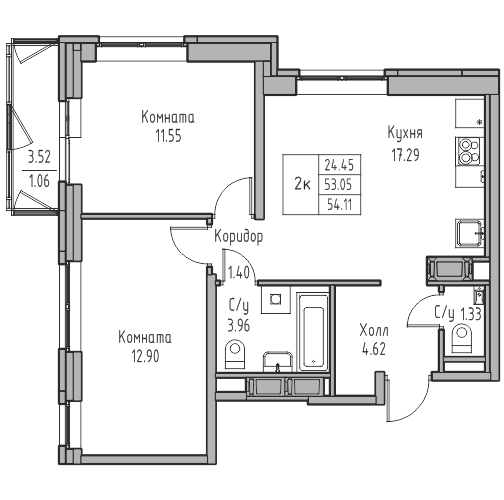 3 ккв (Евро) 54,1 м²