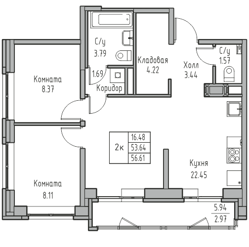 3 ккв (Евро) 56,6 м²