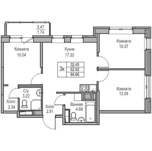 4 ккв (Евро) 64,7 м²
