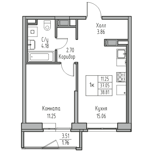 2 ккв (Евро) 38,8 м²