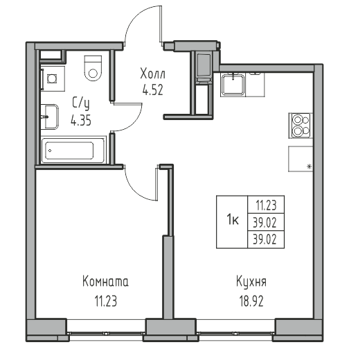 2 ккв (Евро) 39 м²