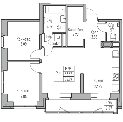 3 ккв (Евро) 55,8 м²