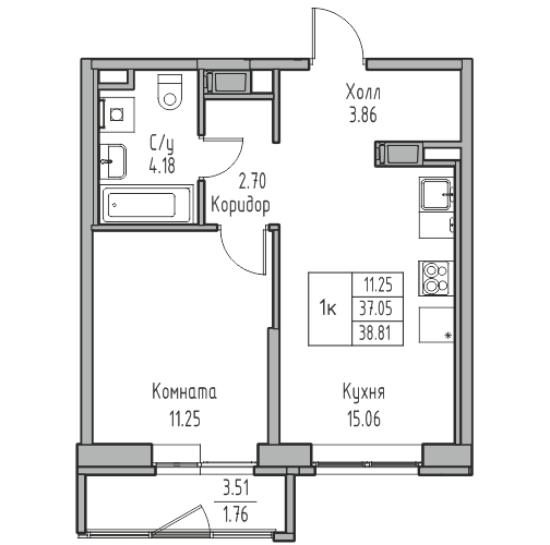 2 ккв (Евро) 38,8 м²