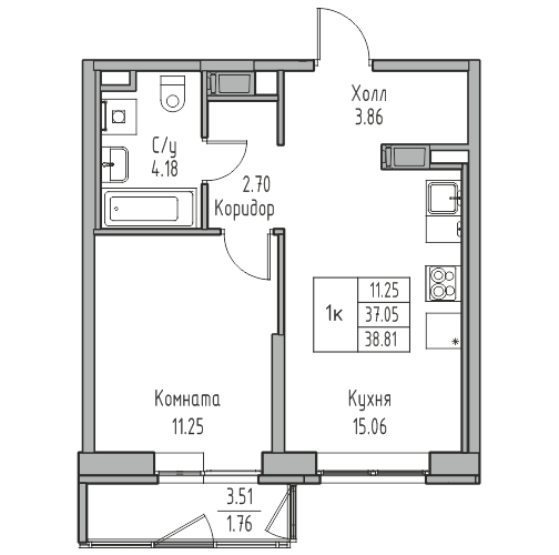 2 ккв (Евро) 38,8 м²