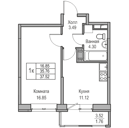 1 ккв 37,5 м²