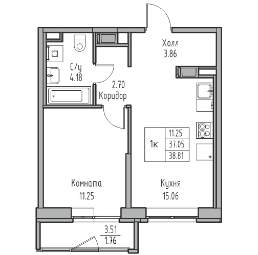 2 ккв (Евро) 38,8 м²