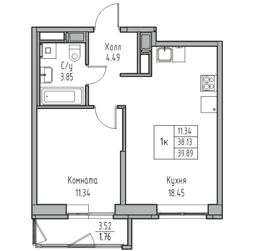 2 ккв (Евро) 39,9 м²