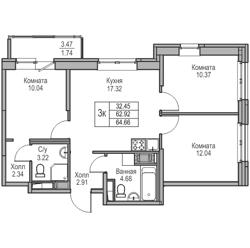 4 ккв (Евро) 64,7 м²