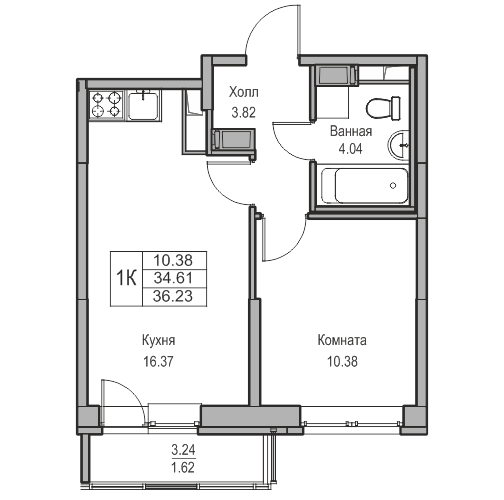 2 ккв (Евро) 36 м²