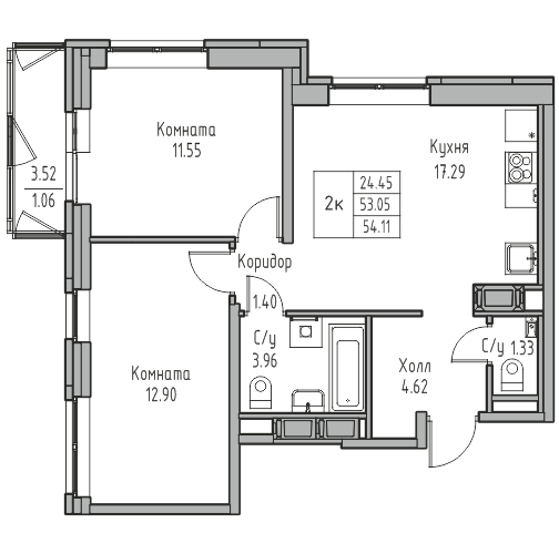 3 ккв (Евро) 54,1 м²