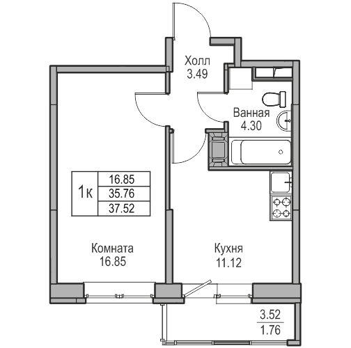 1 ккв 37,5 м²