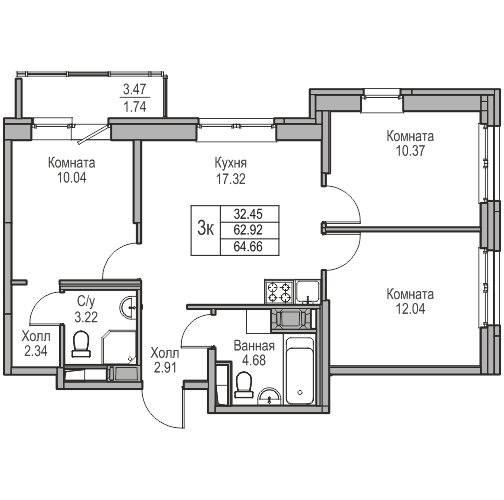 4 ккв (Евро) 64,7 м²