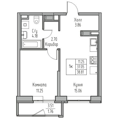 2 ккв (Евро) 38,8 м²