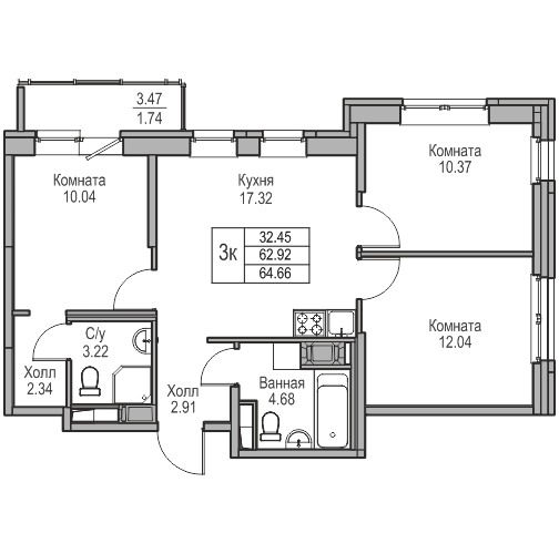 4 ккв (Евро) 64,7 м²