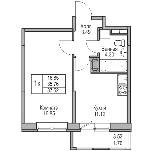 1 ккв 37,5 м²