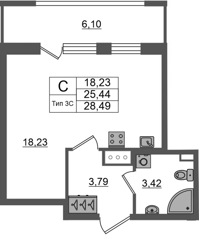 Студия 25,4 м²