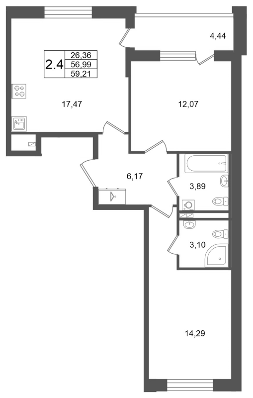 3 ккв (Евро) 57 м²