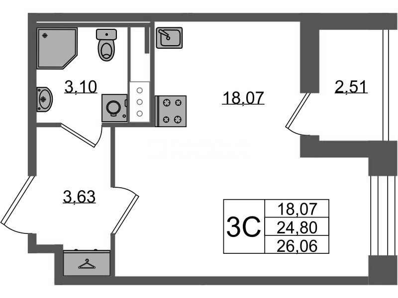 Студия 24,8 м²