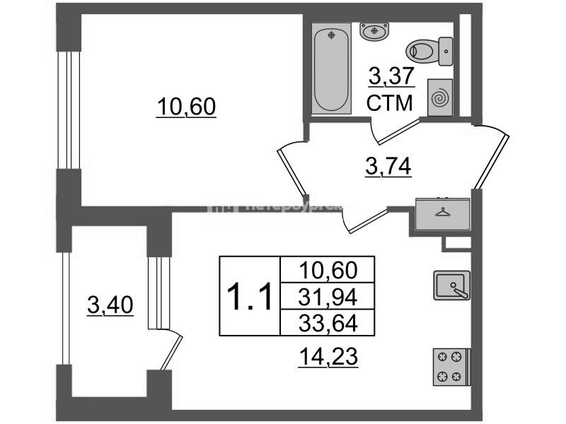 Планировка: 2 ккв (Евро), 31,8 м², 11 189 000 ₽